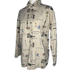Produce Company W sz L Tan Beige Puppies Dogs Modern Art Button Down Shirt Top